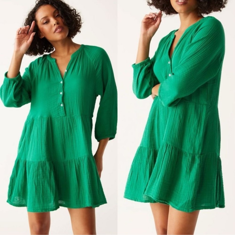 Michael Stars Sonia Cottagecore Boho Cotton‎ Gauze Tiered Dress Kelly Green NWOT